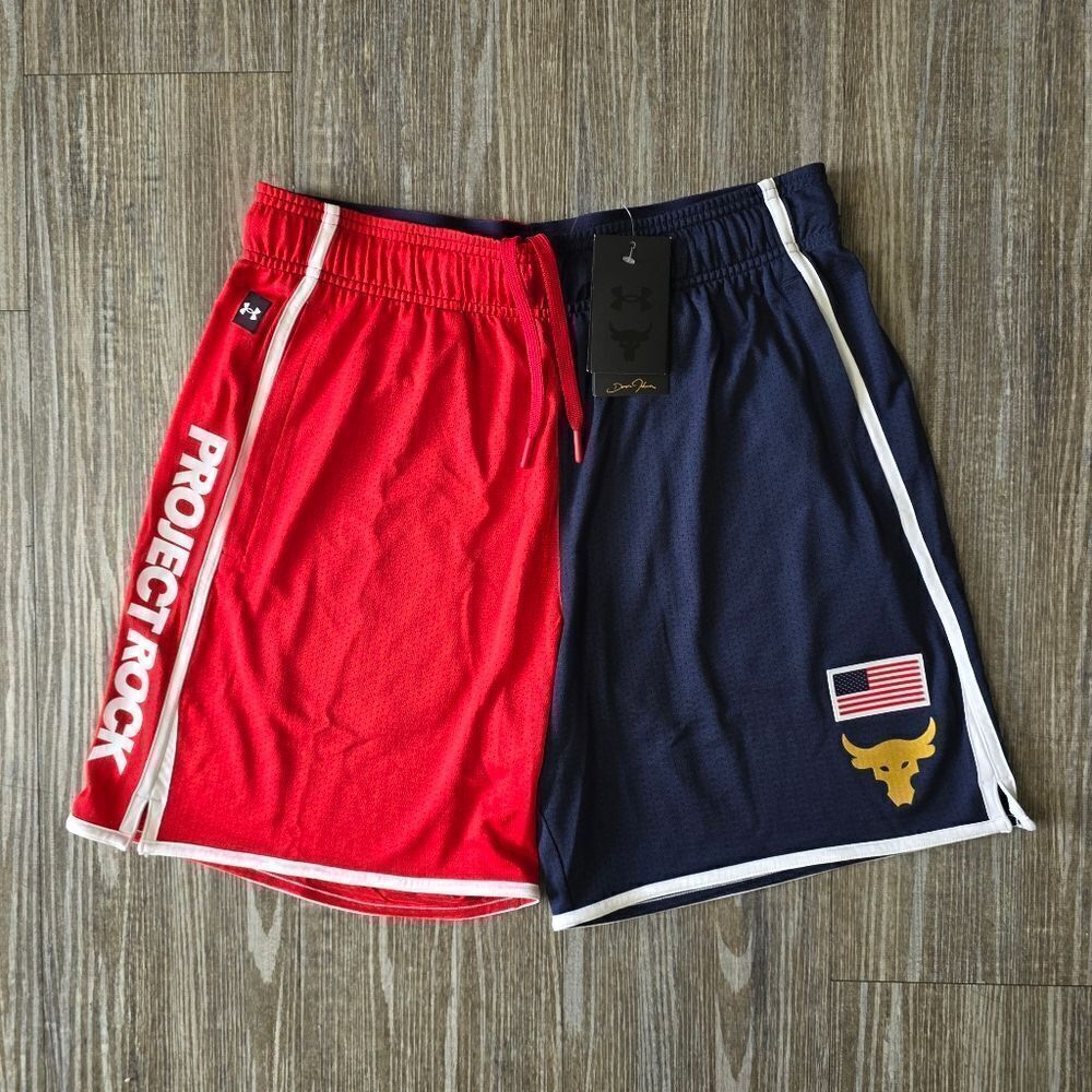 Under Armour Project Rock USA Flag Gym Training Shorts Men's M Red Blue Gold UA